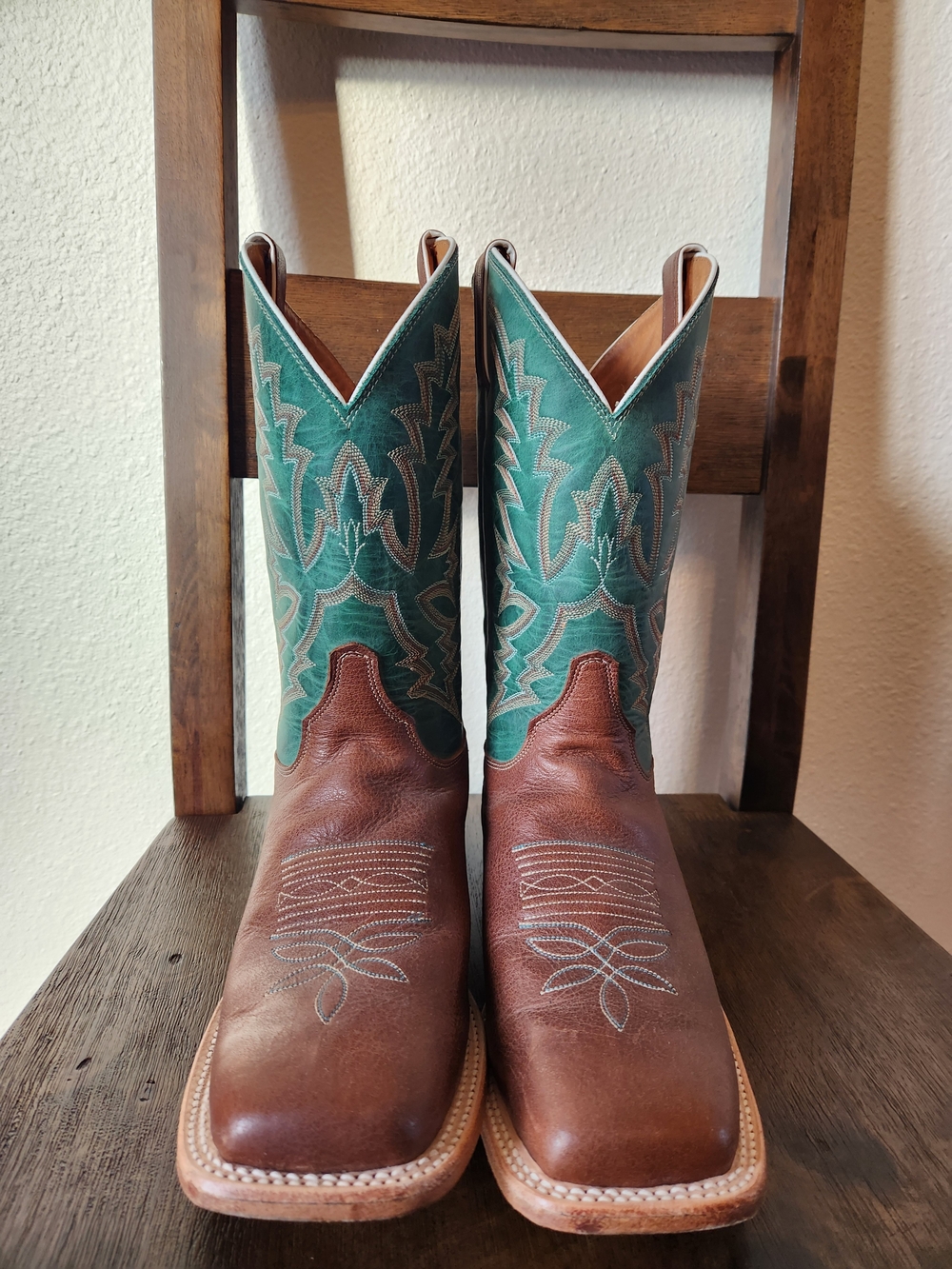 Justin Boots Brown Leather Foot with Teal Embroidered Shaft Western Boots